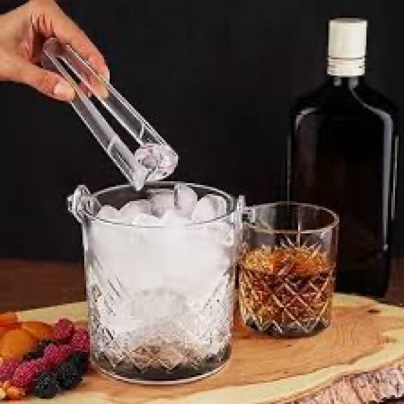 2-Piece Clear Glass Ice Bucket Set with Ice Tongs & Handle - 2.2 Liter and 1Liter Portable Ice Bucke