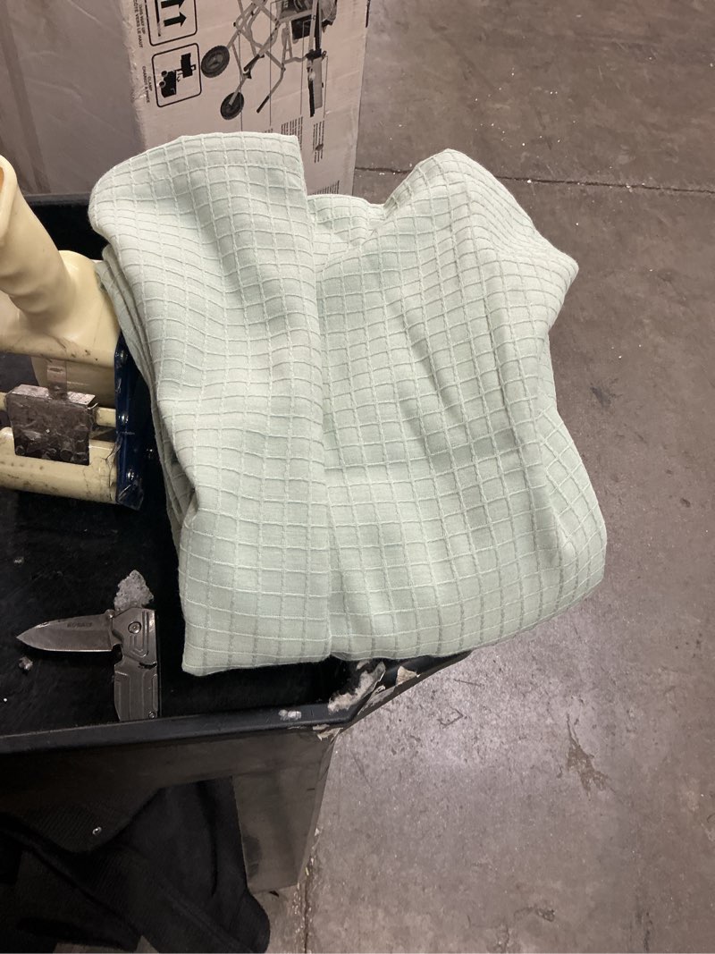 Condition photo showing As Is for allen + roth 72-in w x 72-in l sea green solid polyester shower curtain