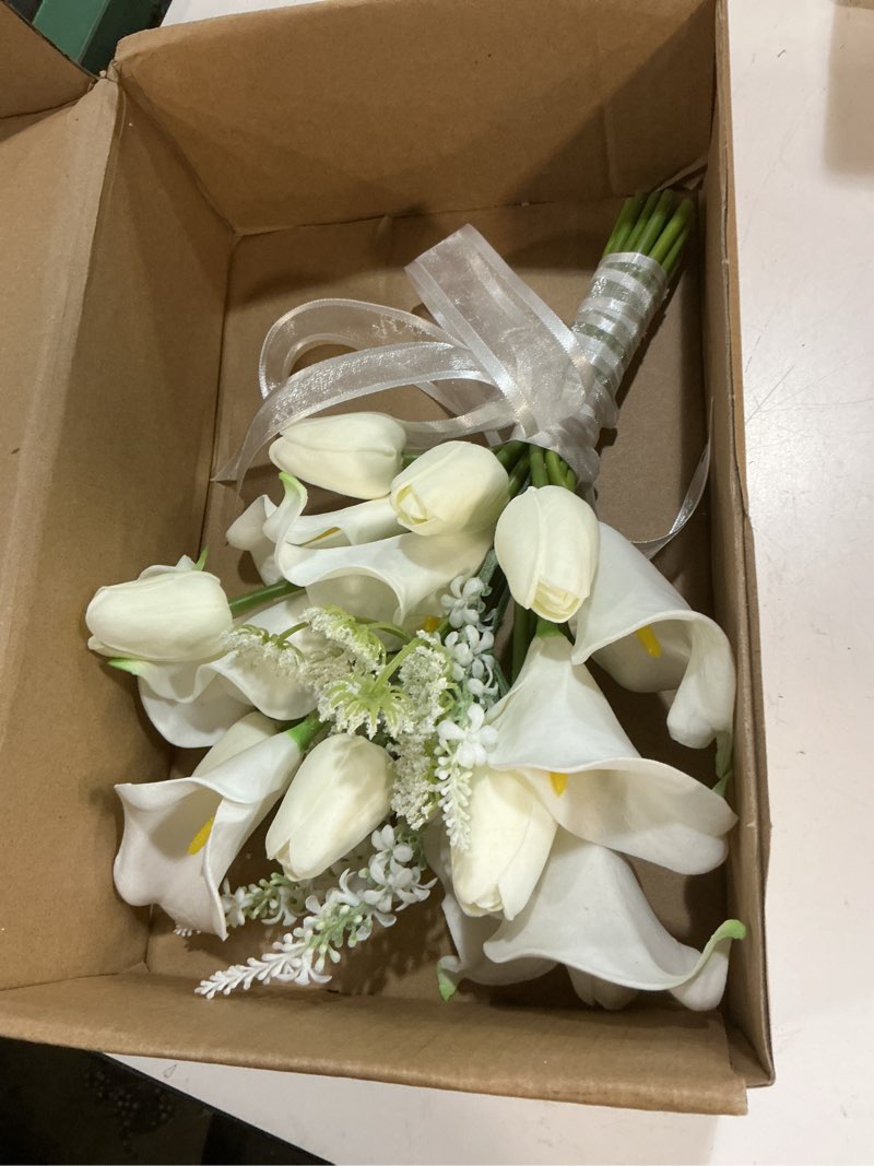 Condition photo showing Good Condition for tulips calla lily artificial flowers | real touch |bridal bouquet | wedding bouquet home décor party (white) (white 1 bouquet)