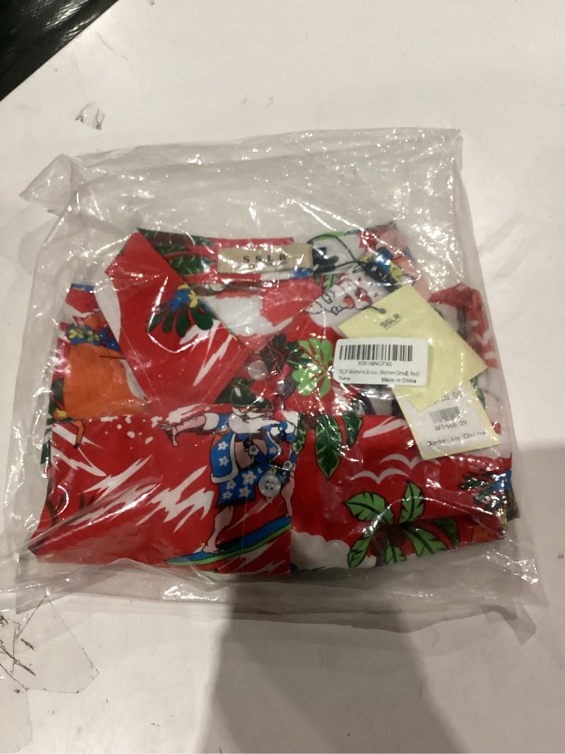Condition photo showing New/Like New for SSLR Womens Button Down Shirts Santa Claus Short Sleeve Blouse Hawaiian Christmas Shirts for Women Small Red