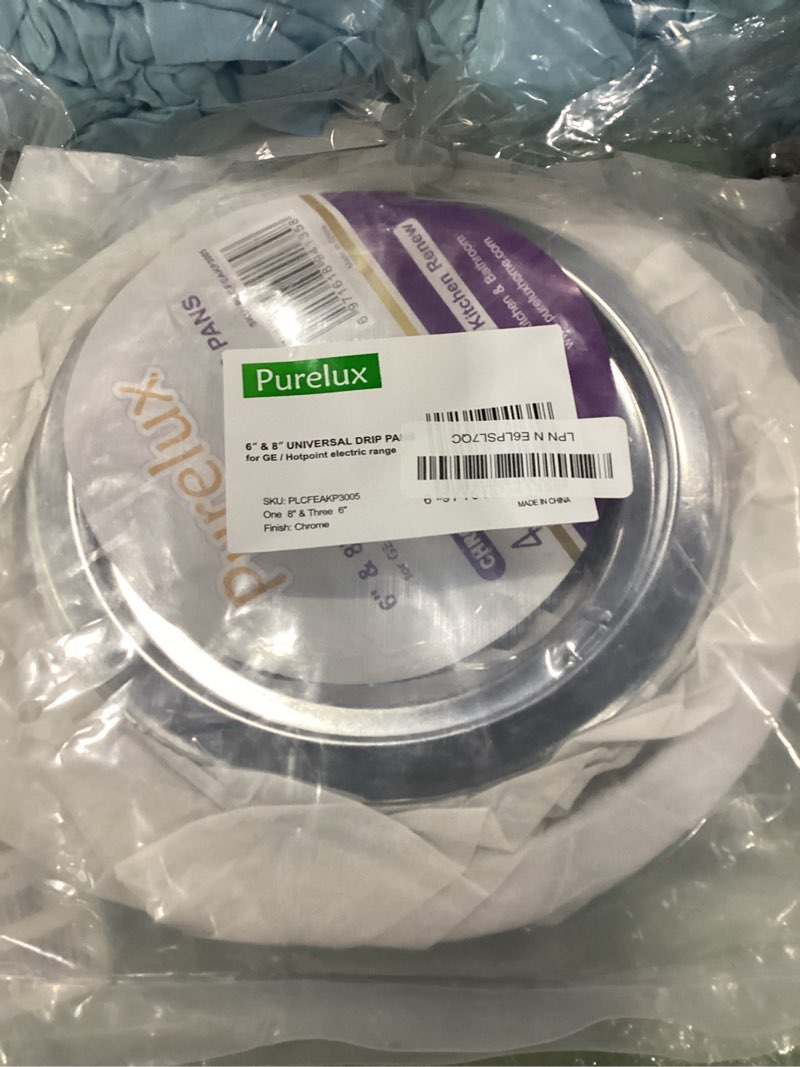 Condition photo showing Good Condition for purelux electric range drip pans replacement compatible with ge or hotpoint stove, chrome finish 4 pieces pack includes 1 large 8-inch and 3 small 6-inch one 8" + three 6" chrome