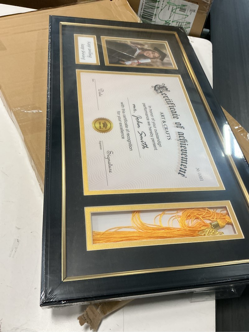Condition photo showing As Is for yaetm 11x22 diploma frame with tassel holder for 8.5x11 certificate document & 4x6 photo with high definition glass, black mat over gold acid-free mat, black graduation frame 2026 11x22 diploma frame with tassel and picture black