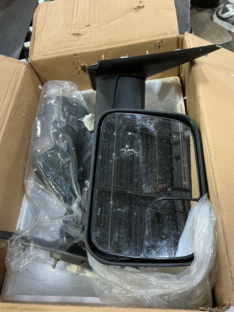 Condition photo showing Good Condition for Smoked Power Heated Tow Mirrors Compatible with Dodge Ram 1500 2002-2008, 2500 3500 2003-2009, Flip Up Extended Trailer Towing Side Mirrors, Black Housing