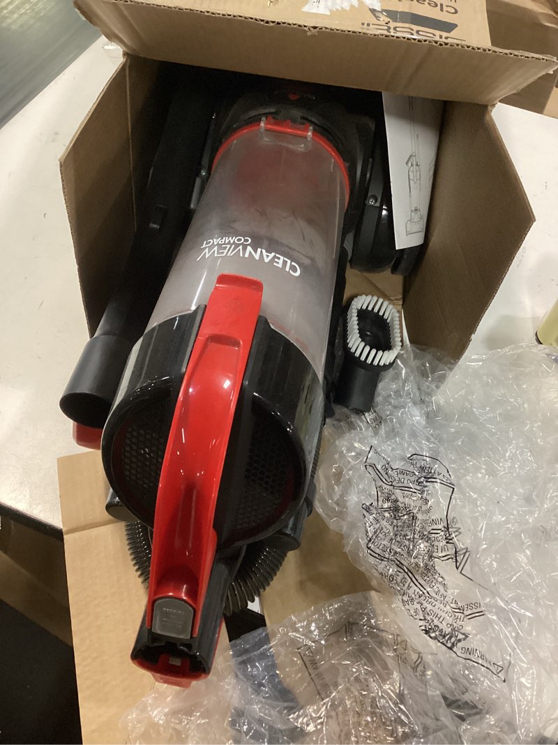 Condition photo showing As Is for bissell cleanview compact upright vacuum, fits in dorm rooms & apartments, lightweight with powerful suction and removable extension wand, 3508