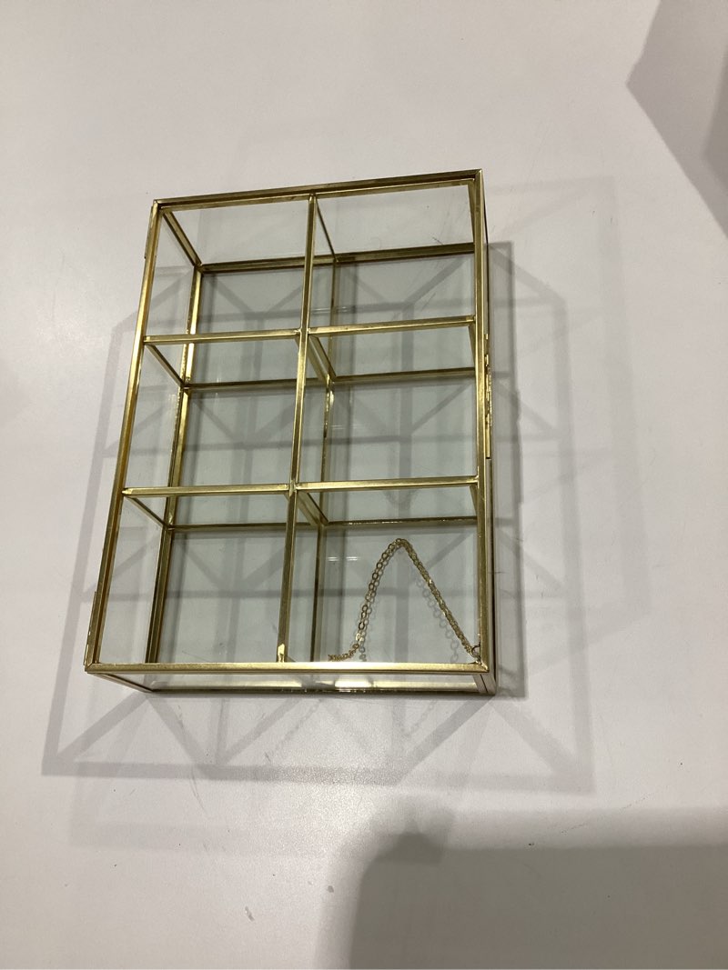 Condition photo showing Good Condition for Golden Vintage Glass Box Clear Glass & Brass Metal Storage Jewelry and Cosmetic Makeup Lipstick Holder Organizer Beauty Display, 6 Compartment