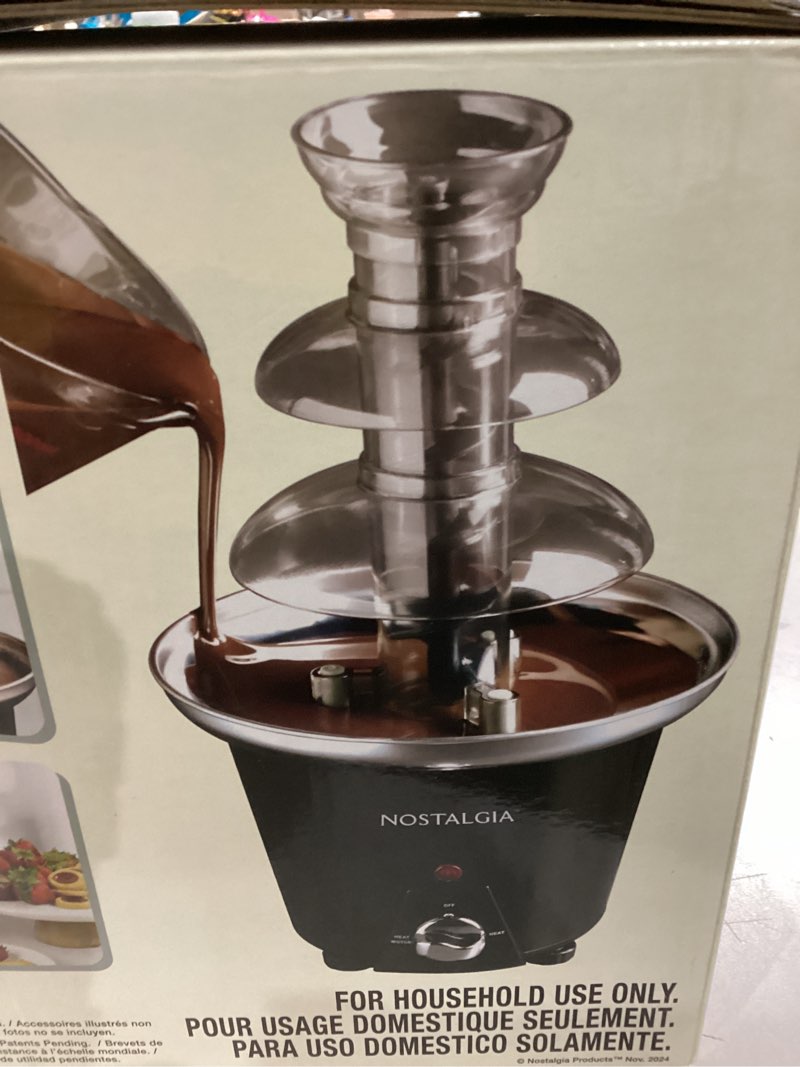Condition photo showing As Is for Nostalgia 3 Tier Electric Chocolate Fondue Fountain Machine for Parties - Melts Cheese, Queso, Candy, and Liqueur - Dip Strawberries, Apple Wedges, Vegetables, and More - 24-Ounce - Black, Small Black Fountain 3 Tier
