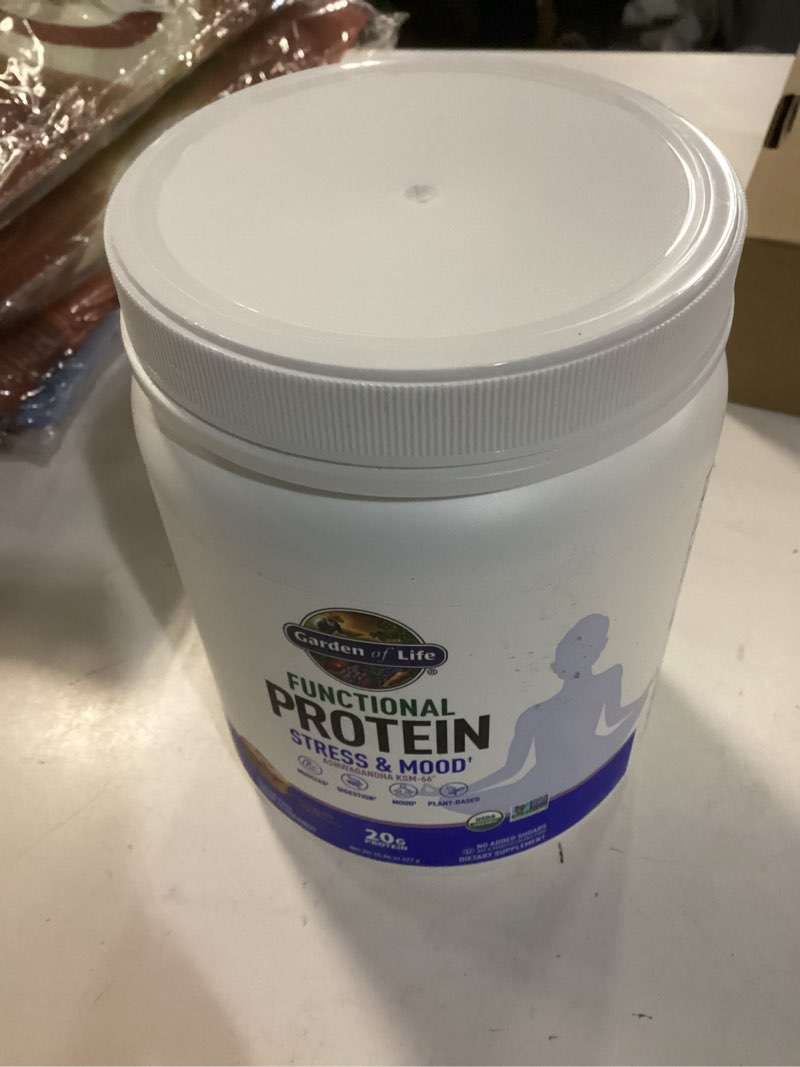 Condition photo showing New/Like New for Garden of Life - Functional Protein Stress Relief - 20g Organic Sprouted & Fermented Protein Blend - Blueberry Muffin, Mood Blend for Stress Management, Ashwagandha KSM-66, Vegan - About 14 Servings
