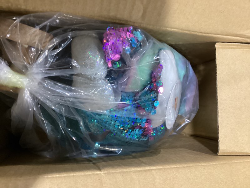 Condition photo showing As Is for HollyHOME Sequin Unicorn Stick Horse Handcrafted Hobby Horse on a Stick with Wood Wheels Real Pony Neighing and Galloping Sounds Plush Unicorn Toy Blue 36 Inches(AA Batteries Required)