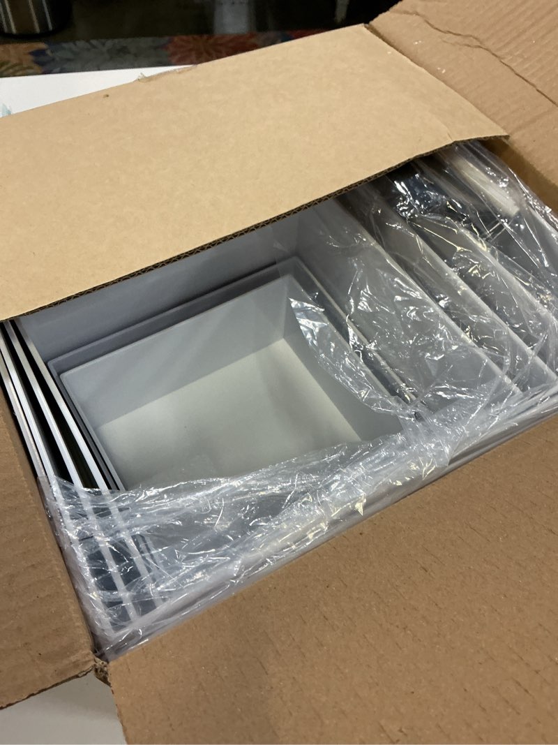 Condition photo showing New/Like New for 6 pcs 12" to 6.8" white buffet risers with mini sign and makers, large food risers for buffet table, display shelf stands for party, catering, dessert, jewelry collectibles, nesting cube boxes with hollow bottoms set (12",10",9",8",7.5",6.8") white(6.8"×7.5"×8"×9"×10"×12")