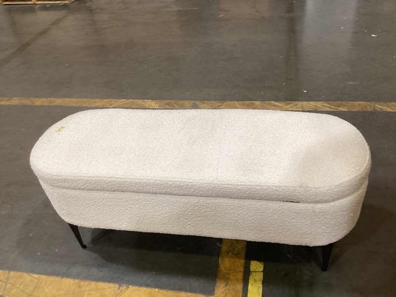 Condition photo showing As Is for storage bench with metal legs cream boucle (fa) - threshold™: upholstered, for bedroom, entryway