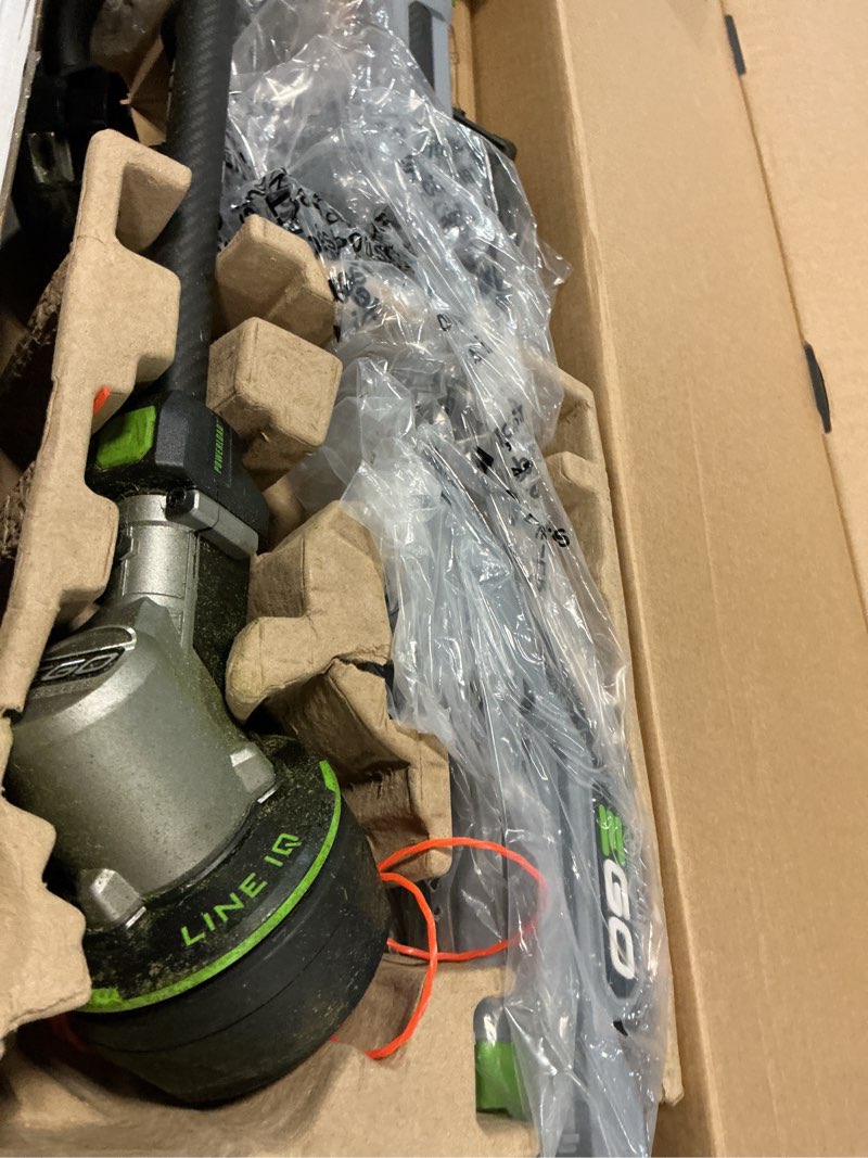 Condition photo showing As Is for ego power+ multi-head system with line iq, powerload 56-volt 17-in straight shaft attachment capable battery string trimmer 5 ah (battery included) (charger included)