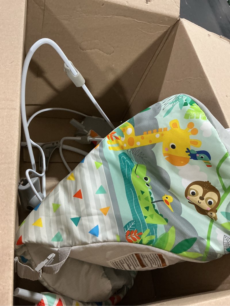Condition photo showing As Is for bright starts baby bouncer soothing vibrations infant seat - removable -toy bar, nonslip feet, 0-6 months up to 20 lbs (safari fun)