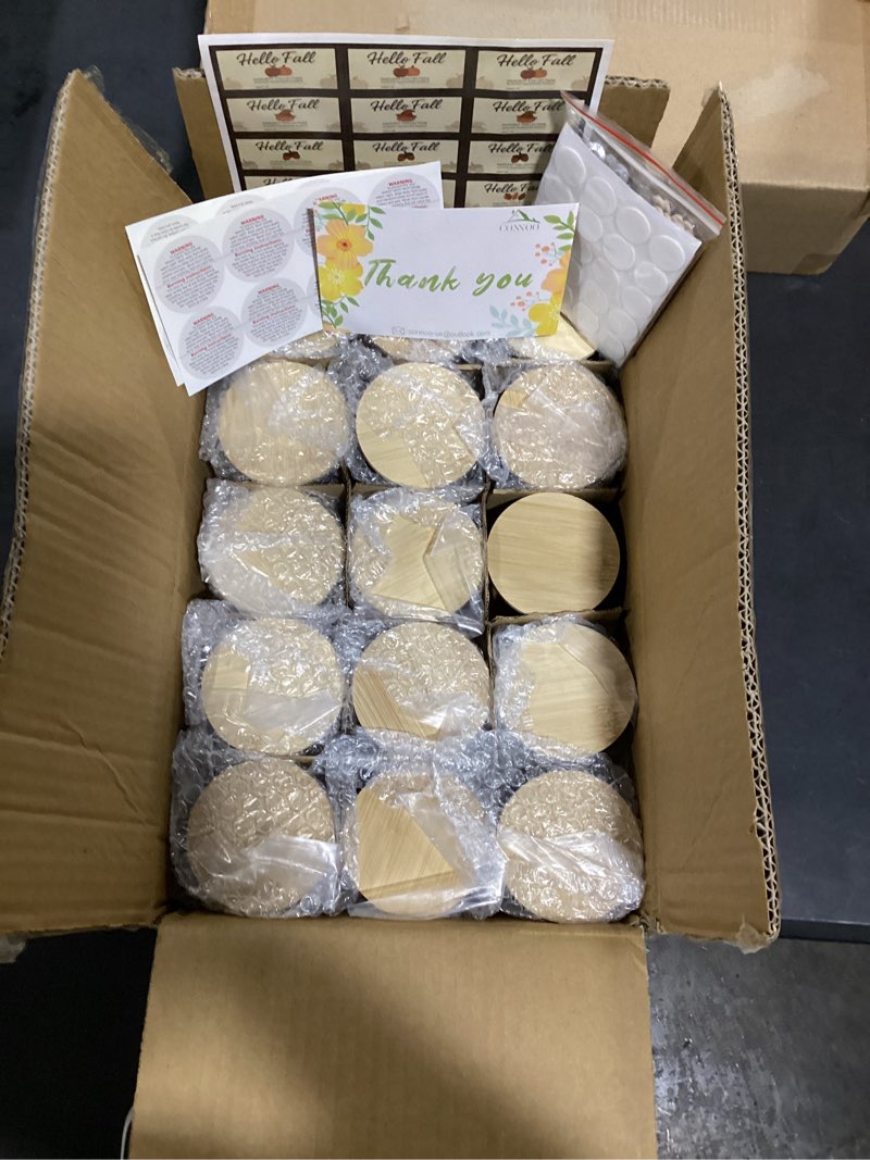 Condition photo showing item condition for CONNOO 15 Pack 4oz Amber Glass Candle Jars with Bamboo Lids for Making Candles, Bulk Small Wide Mouth Glass Containers with Wick Kit for Candle Making, Ideal for DIY & Candle Business