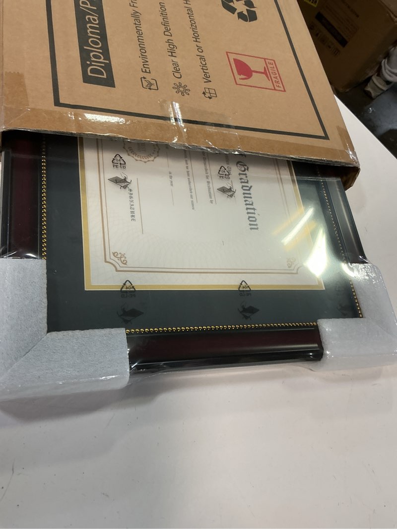 Condition photo showing Good Condition for GraduationMall 8.5x11 Diploma Frame with Black over Gold Mat or Display 11x14 Document without Mat, UV Protection Acrylic, Mahogany with Gold Beads Mahogany With Gold Beading 11x14 or 8.5x11 With Mat