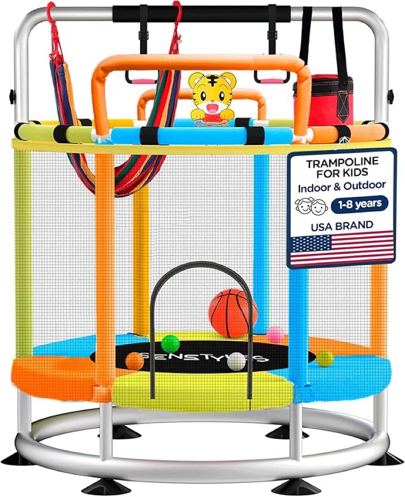 Trampoline for Kids with Safety Enclosure Indoor and Outdoor Toddler Trampoline for Kids Anti Rollover Round Base Double Safety Handles 440 lbs Capacity ASTM Tested Easy Assembly Gift