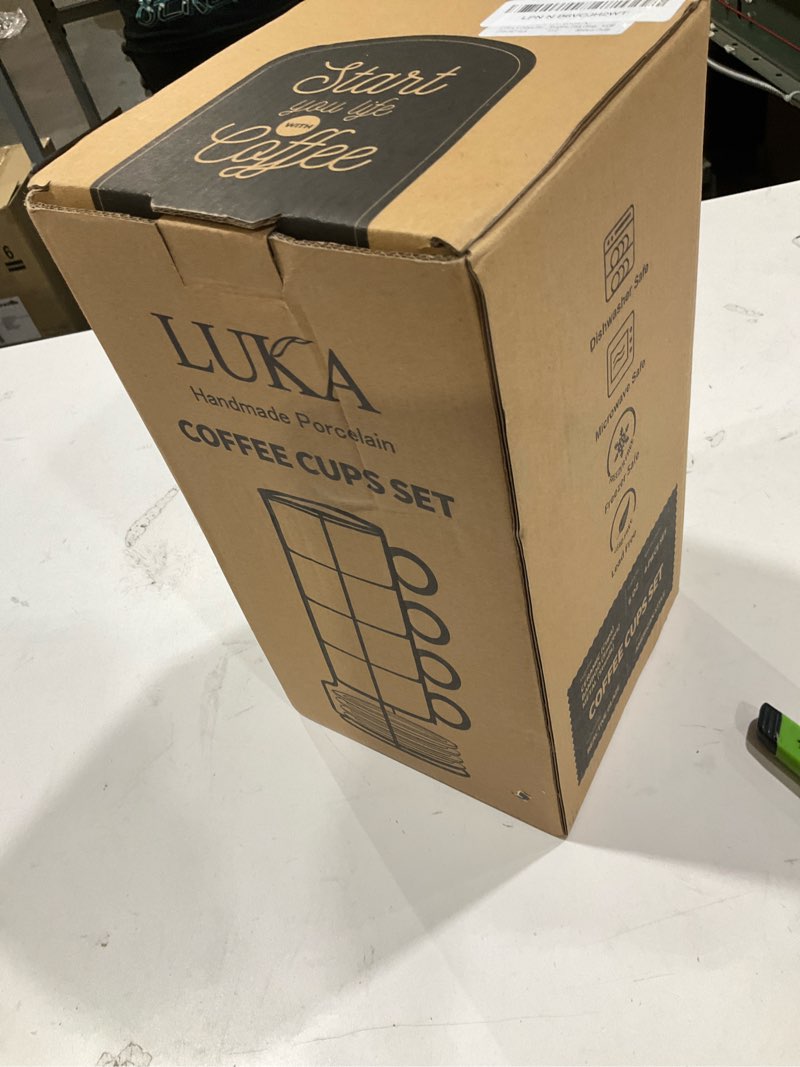 Condition photo showing Good Condition for LUKA 6 Ounce Porcelain Stackable Espresso Cups with Saucers and Metal Stand Set of 4, Ceramic Cappuccino Cups Set for Specialty Coffee Drinks, Latte, Cafe Mocha and Tea, Reactive Dark Green