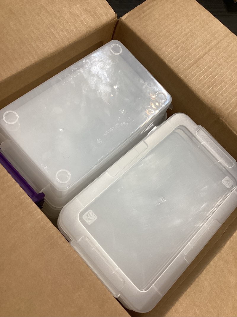 Condition photo showing Good Condition for iris usa 3 qt. plastic craft storage container bins with lids, 10 pack, small art & office supply organizer tote, sensory bins & boxes for home & university, stackable, secure latch buckles, clear stack & carry 3 qt. - 10 pack clear