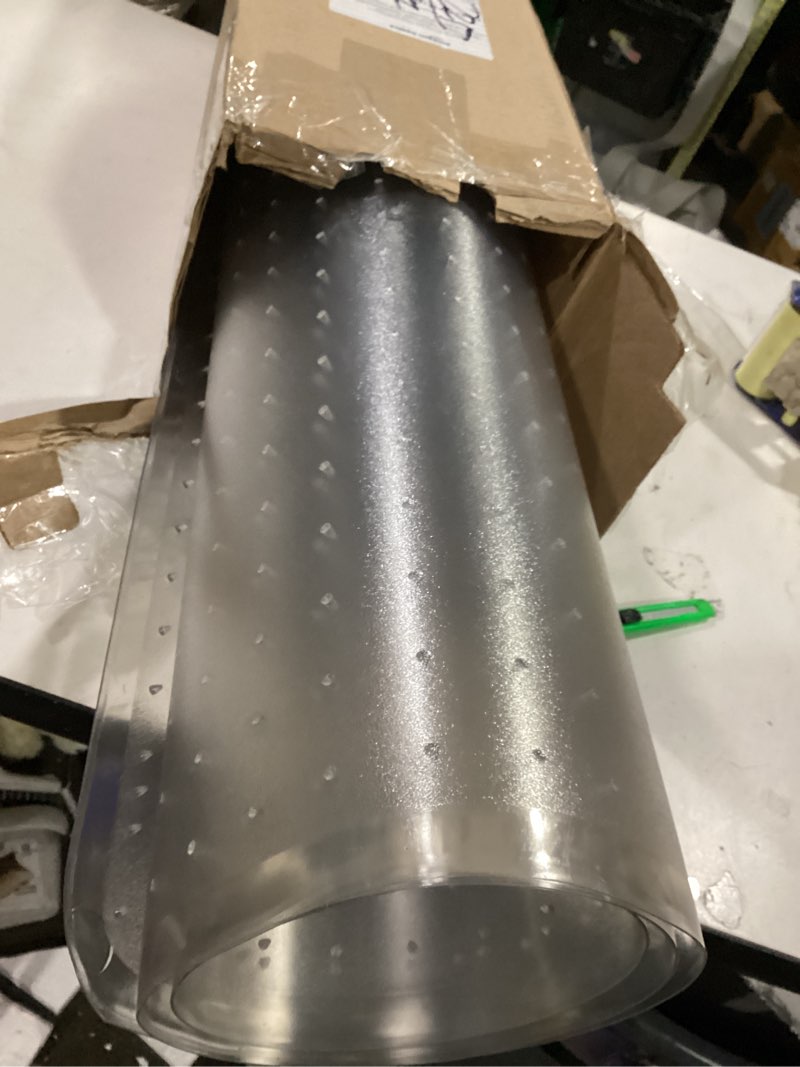 Condition photo showing As Is for amazon basics office chair mat for low pile carpeted floors, clear plastic with studded grips, 46" x 60", for home or office