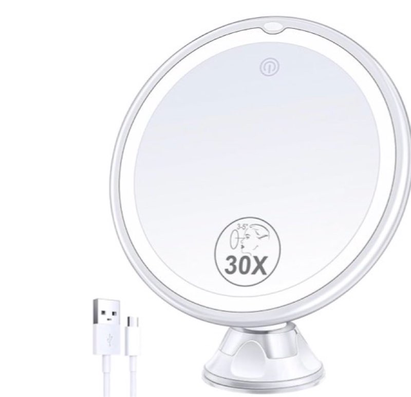lighted makeup mirror with 30x magnification, 30x magnifying mirror suction cup with light, 3 color modes and adjustable brightness, 360°swivel magnifying mirrors with light for vanity 1500mah