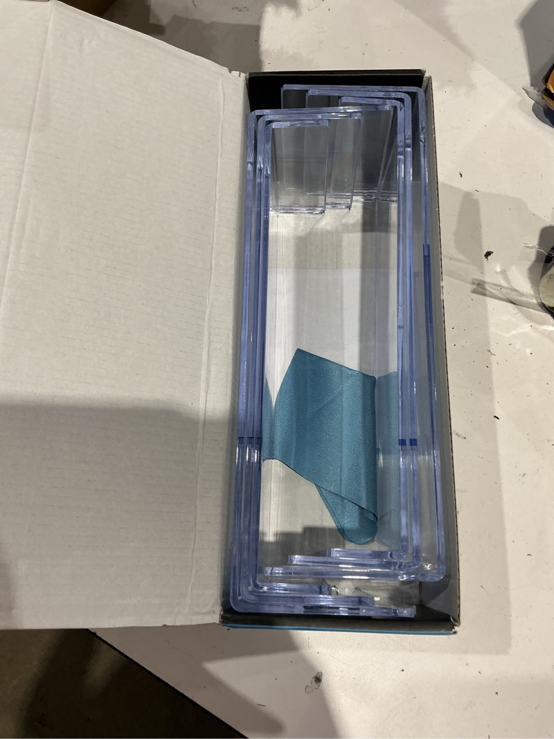 Condition photo showing Good Condition for andgoo large acrylic display risers, 2 sets(11.2”l~11.6”l~12”l) clear rectangular showcase collectibles display shelf, retail desktop risers display stand for organize and decoration clear 6pcs (11.2”l~11.6”l~12”l)
