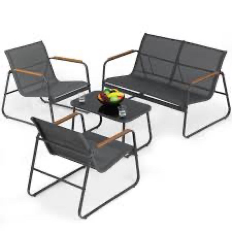 Teslin Cloth Patio Furniture Set with 2 Single Chairs, 1 Loveseat & Tempered Glass Table - 4-Piece Outdoor Conversation Set for Backyard, Garden or Patio