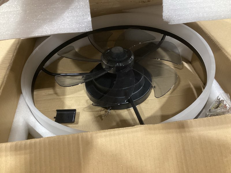 Condition photo showing As Is for ceiling fans with lights and remote, 20" modern low profile foldable ceiling fan with light, stepless color temperature change and 6 speeds for bedroom, kids room and living room (crystal black)