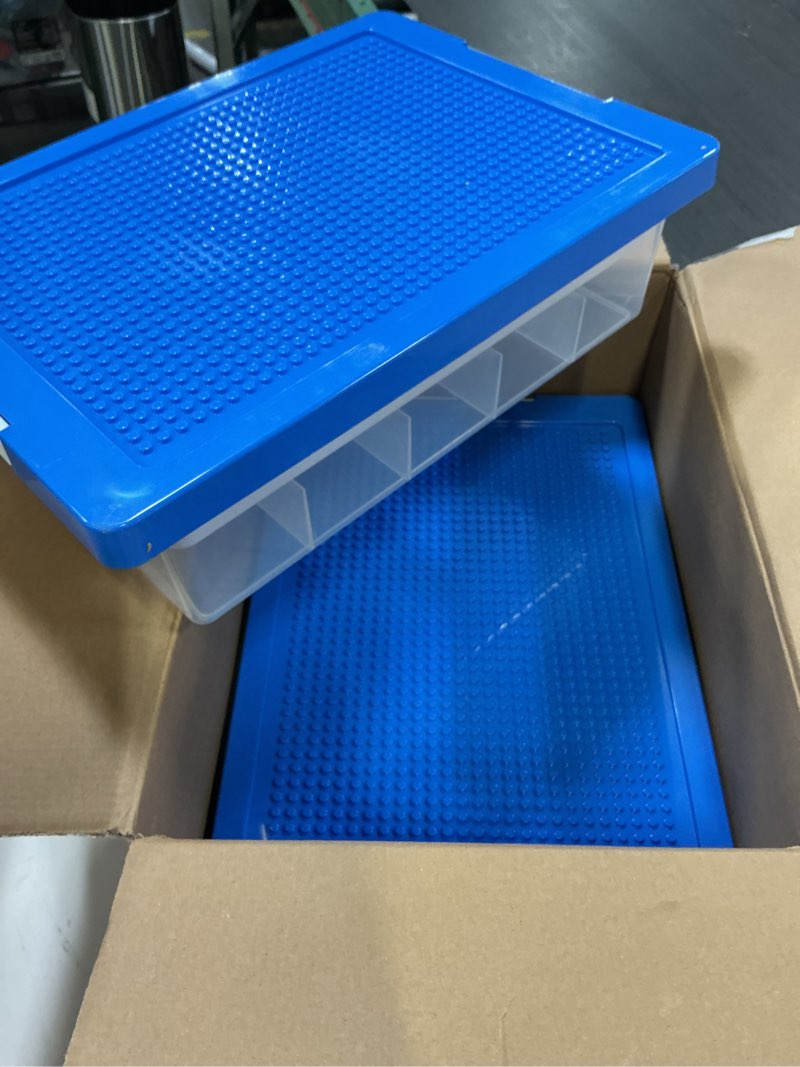 Condition photo showing Good Condition for macopro toys storage organizer box for lego, toy box with building plate lid and removable tray, building block storage, stackable plastic organizer bins (blue-2pack)
