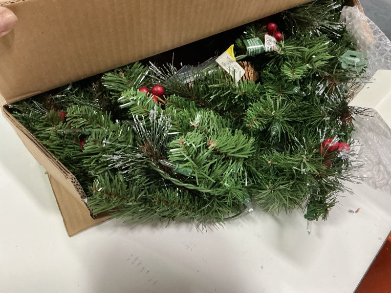 Condition photo showing Good Condition for national tree company 24 in pre-lit crestwood spruce artificial christmas wreath, christmas decoration with glitter, pinecones, red berries, 50 clear lights, 160 tips, green