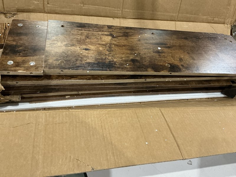 Condition photo showing As Is for console table, 2-tier farmhouse narrow entryway table , sofa table - brown