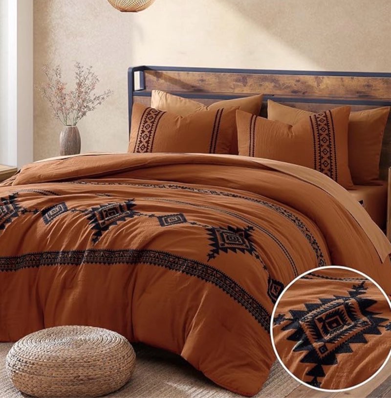 Embroidery Comforter Set, Boho Farmhouse Western Bedding Set, All Season Bed in A Bag Comforter Set with Sheets, Pillowcases & Shams, Burnt Orange California King