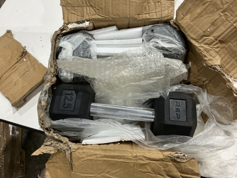 Condition photo showing Good Condition for rep fitness rubber hex dumbbell(s) - singles (55lb +) and pairs (5lb - 50lb) - low odor, fully knurled handle 12.5 lb pair