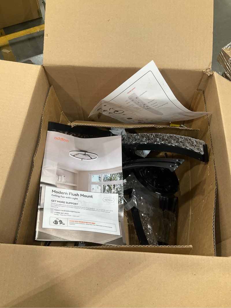 Condition photo showing As Is for addlon 24'' ceiling fans with lights and remote, low profile flush mount ceiling fan with light, 3000-6000k dimmable led fandelier, modern small black ceiling fan for bedroom, kitchen, living room black 24 inch