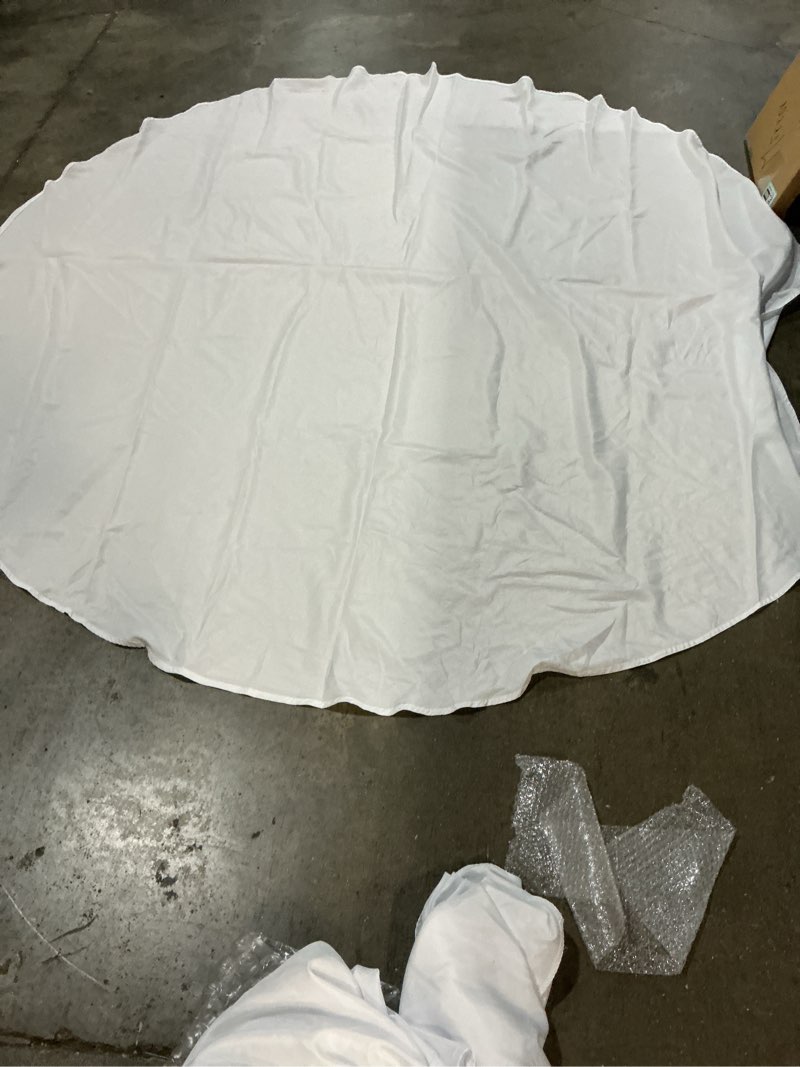 Condition photo showing As Is for 8-pack white round tablecloths, 108 inches, stain-resistant polyester for 4-5 ft round tables - washable table covers for weddings, banquets, birthday parties, events