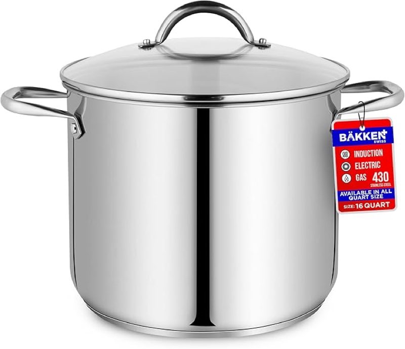 stainless steel stockpot with tempered glass lid 16 quart, durable 18/0 stainless steel, impact-bonded base for even heating, riveted handles, oven & all stove compatible, safe up to 500°f (260°c)
