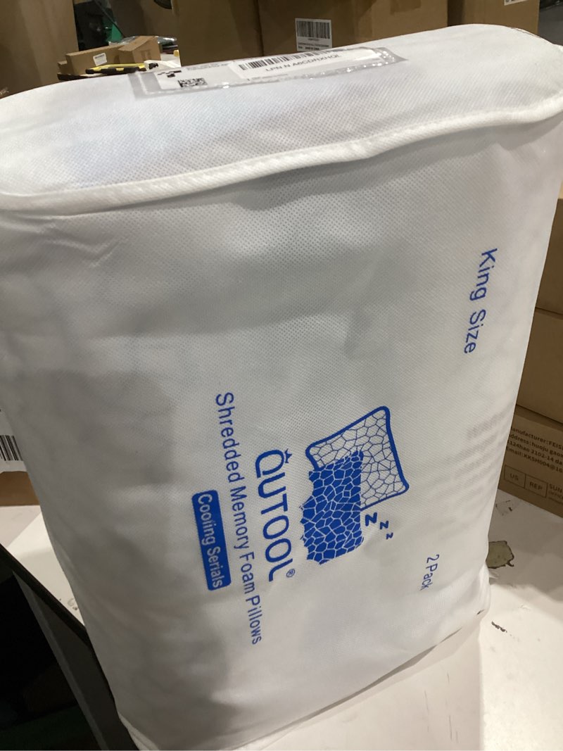 Condition photo showing Good Condition for QUTOOL Enhanced Cooling Pillows King Size Set of 2, CertiPUR-US Shredded Memory Foam Pillows 2 Pack for Hot Sleeper, Adjustable Bed Pillow for Side, Back, Stomach Sleepers Support Yet Soft, Home Gifts Blue-ice Plus King(2 Pack)-20'*36'