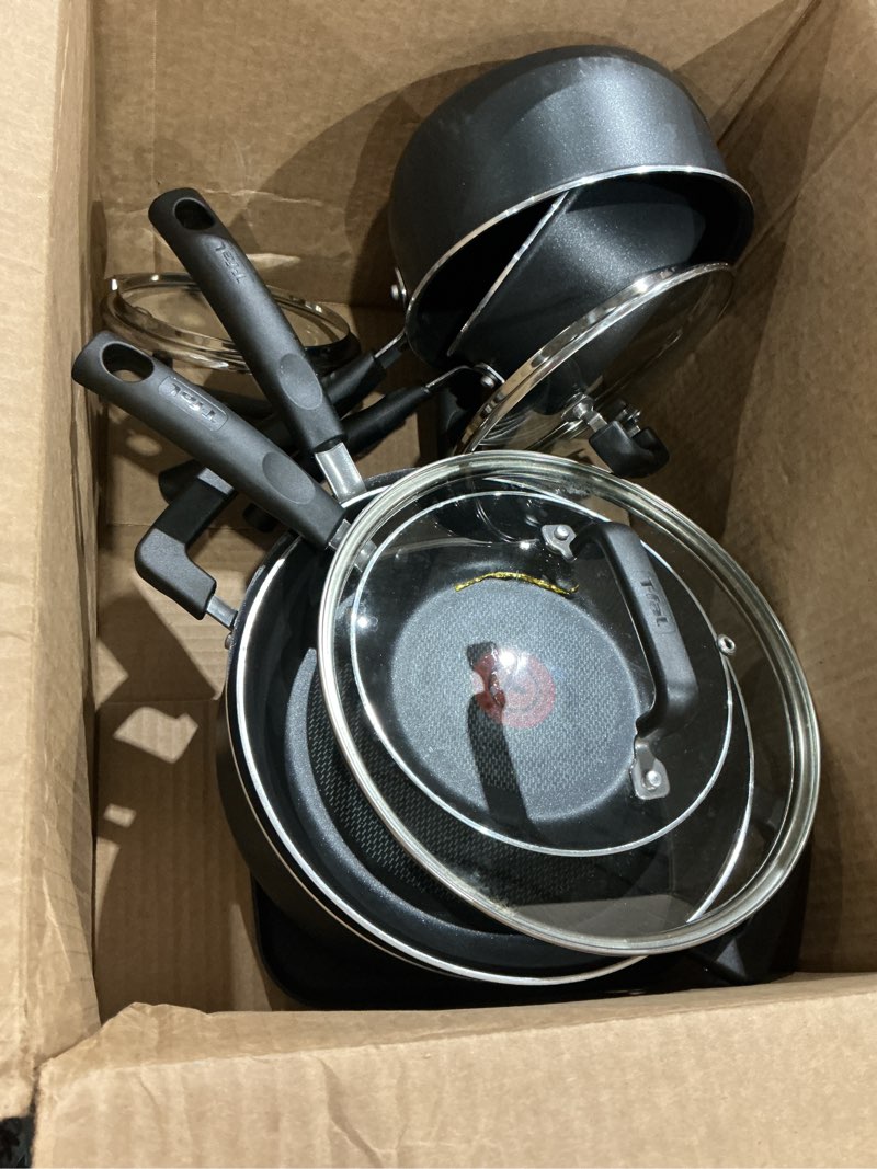 Condition photo showing Good Condition for t-fal signature nonstick cookware set 12 piece, oven broiler safe 350f, pots and pans, kitchen cooking set w/fry pans, saucepans, saute pan, dutch oven, griddle, kitchen, home, dishwasher safe, black 12-piece nonstick