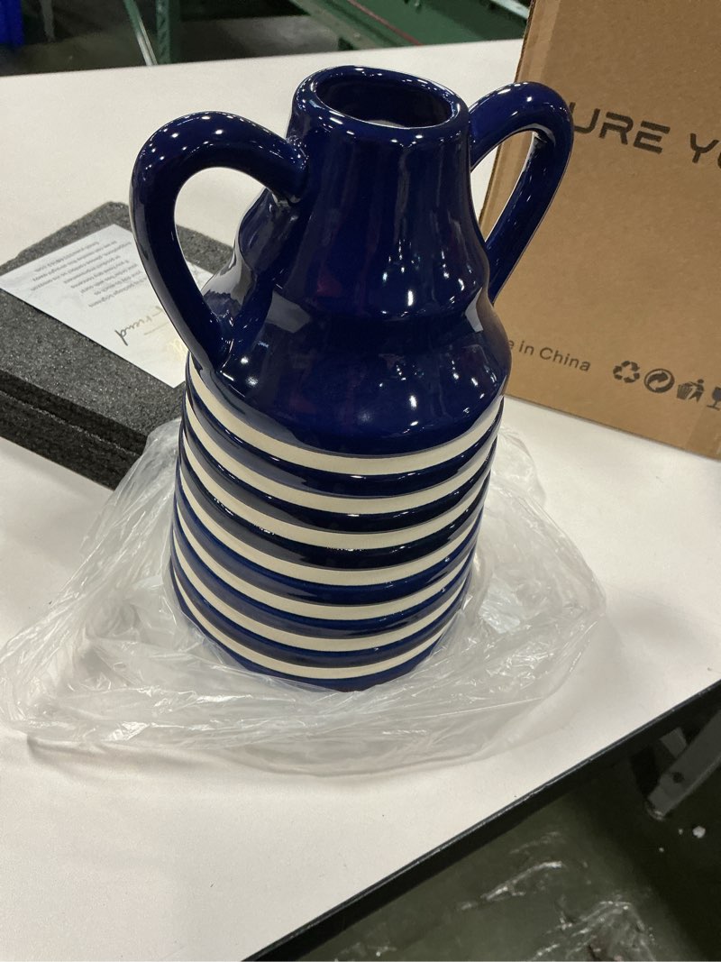 Condition photo showing New/Like New for Ceramic Blue and White Checkered Stripes Vase with Handles, Modern Bohemian Floral Navy Blue Vases 