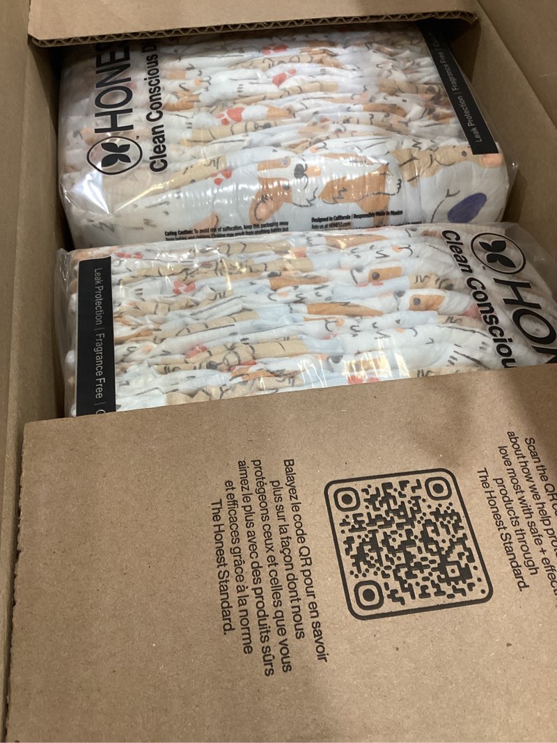 Condition photo showing Good Condition for The Honest Company Comfort Dry Disposable Diapers for Sensitive Skin, Hypoallergenic, All The Letters + It's a Pawty, Super Club Box, Size 5 (27 lbs), 84 Count Size 5 (84 Count) All the Letters + It's a Pawty