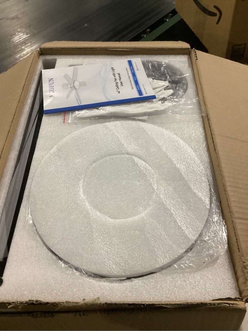 Condition photo showing New/Like New for AKOFUN Ceiling Fans with Lights and Remote, 44" Low Profile Ceiling Fan with Light, APP, 6 Speed, Dimmable, DC Motor, Quiet, Timer, Flush Mount Modern LED Ceiling Fan for Bedroom Living Room, Black Black 44 inch
