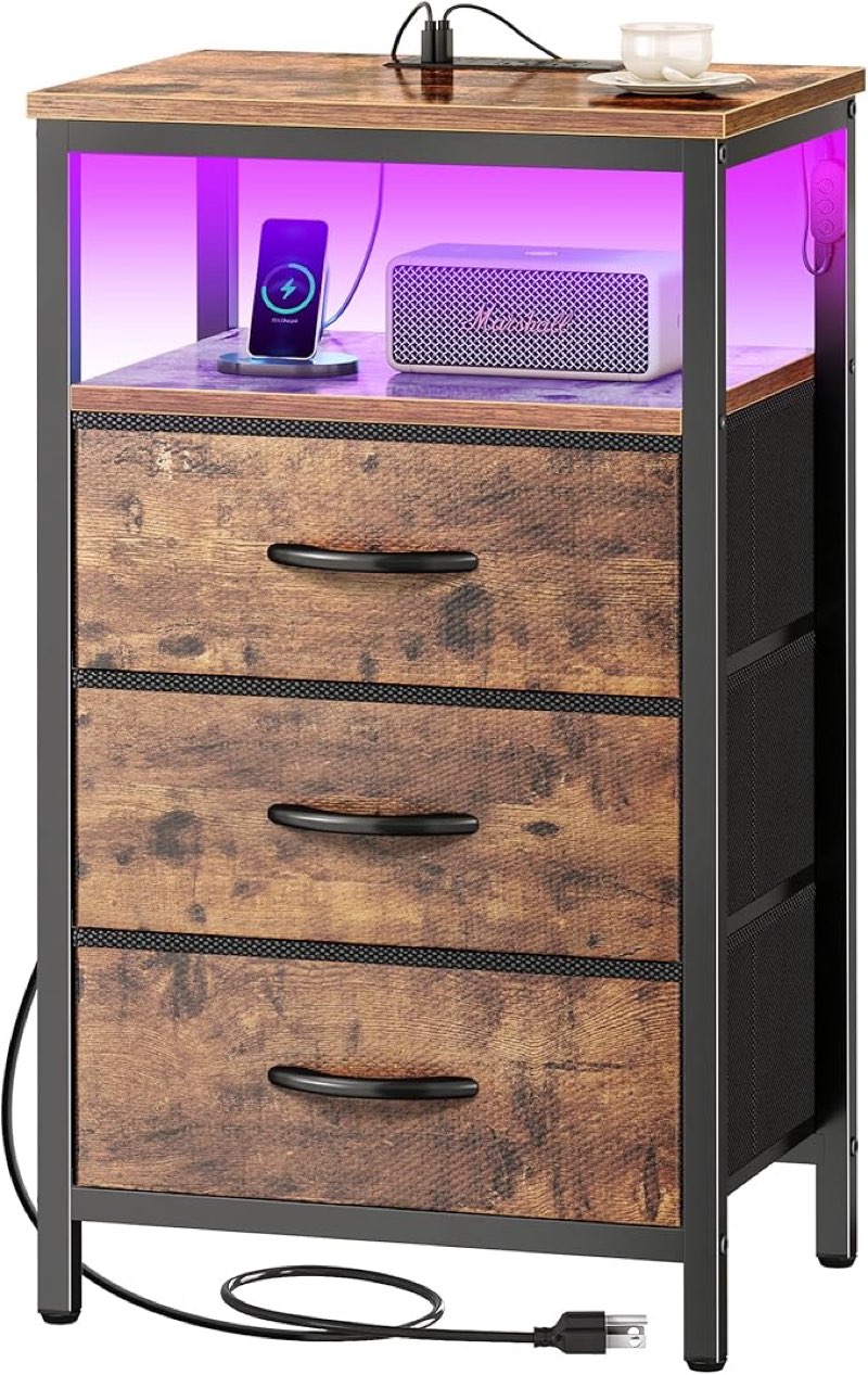 huuger night stand with charger station and led lights, 3 drawer nightstand, bed side table with ope