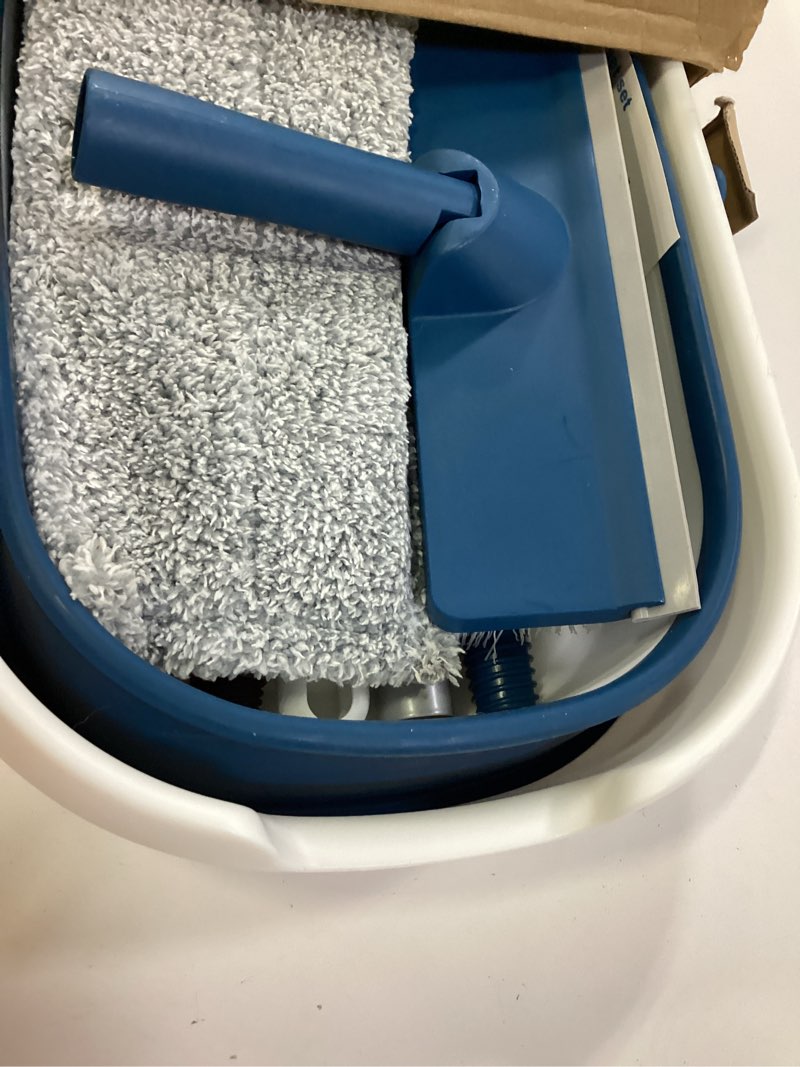 Condition photo showing Good Condition for collapsible mop and bucket set with scrub mop and brush, tile laminate hardwood floor brush and flat mops for floor cleaning, foldable bucket with washable microfiber mop(blue)