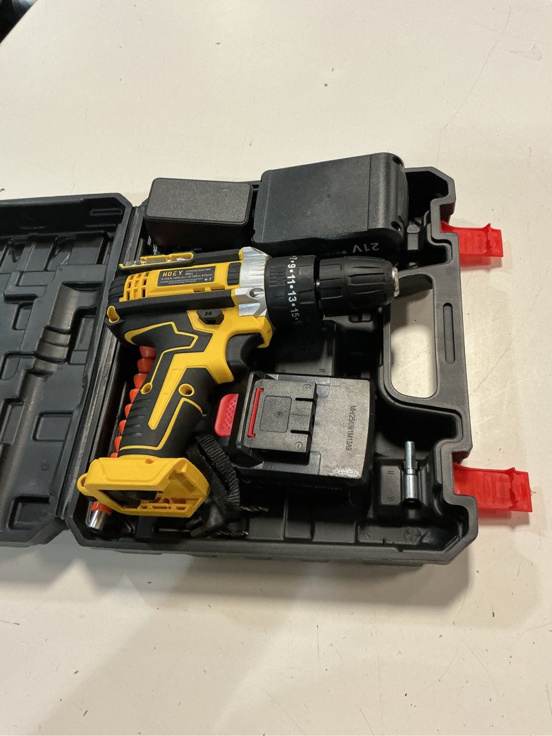 Condition photo showing Good Condition for 21v cordless drill set, electric power drill 34pcs with 3/8 inch keyless chuck, 25+3 clutch compact driver drill with work light, max torque 45nm, 2-variable speed & battery and fast charger