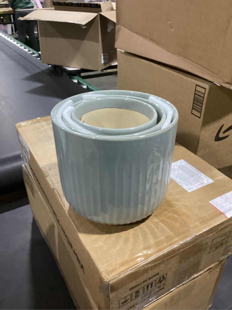Condition photo showing New/Like New for le tauci ceramic pots for plants, 8.3/7/6 inch indoor planters with drainage holes & mesh, modern glossy glaze cylinder fluted plant pot for snake plant, set of 3, mist gray