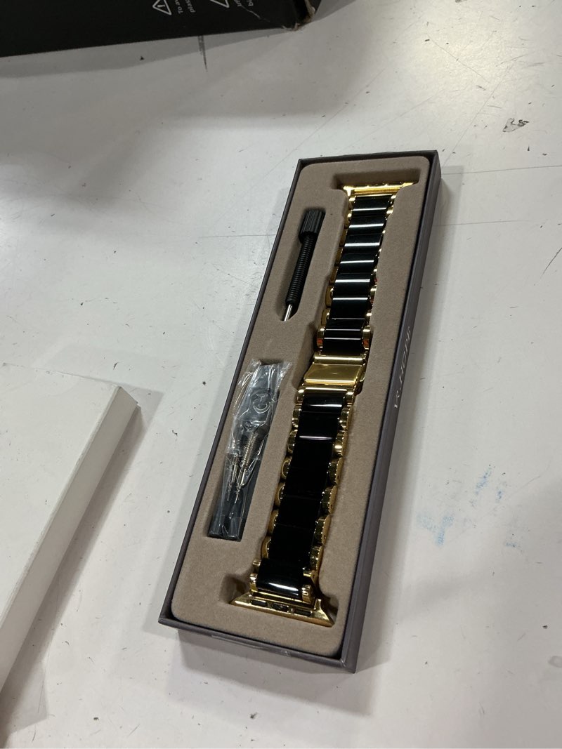 Condition photo showing New/Like New for v.r.hope gold stainless-steel metal resin apple watch band 42mm 44mm 45mm 46mm 49mm fashion bracelet strap for women compatible with iwatch series ultra3/11/10/9/8/7/6/5/4/3/2/1/se (black+gold) metal gold-black 42mm/44mm/45mm/49mm/46mm(series 11)