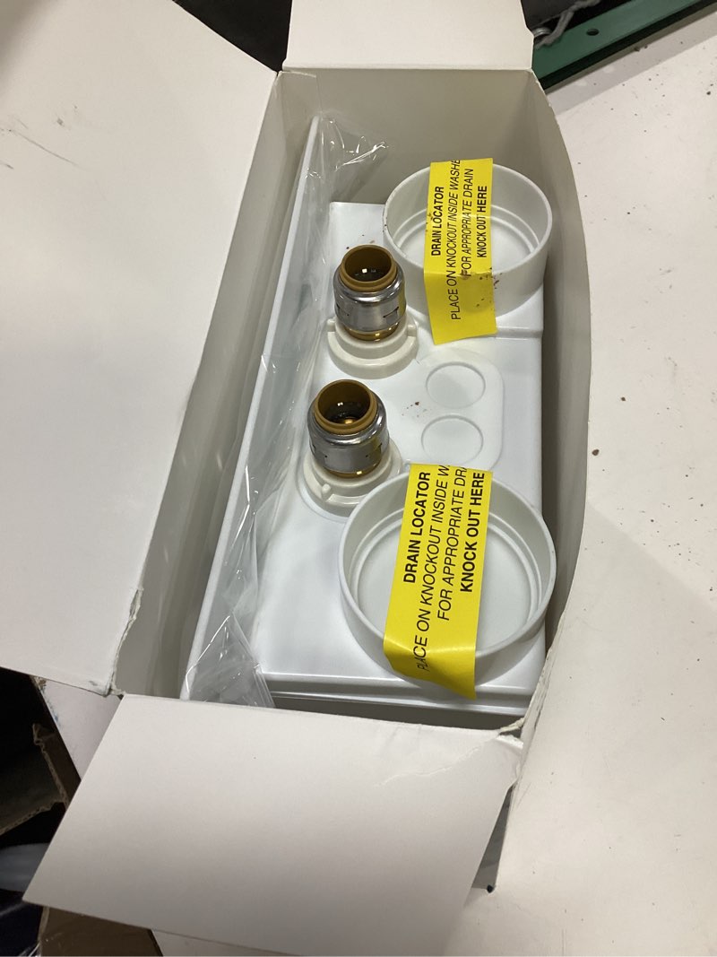 Condition photo showing As Is for sharkbite 1/2 in. push fit x 3/4 in. d ght brass washing machine outlet box