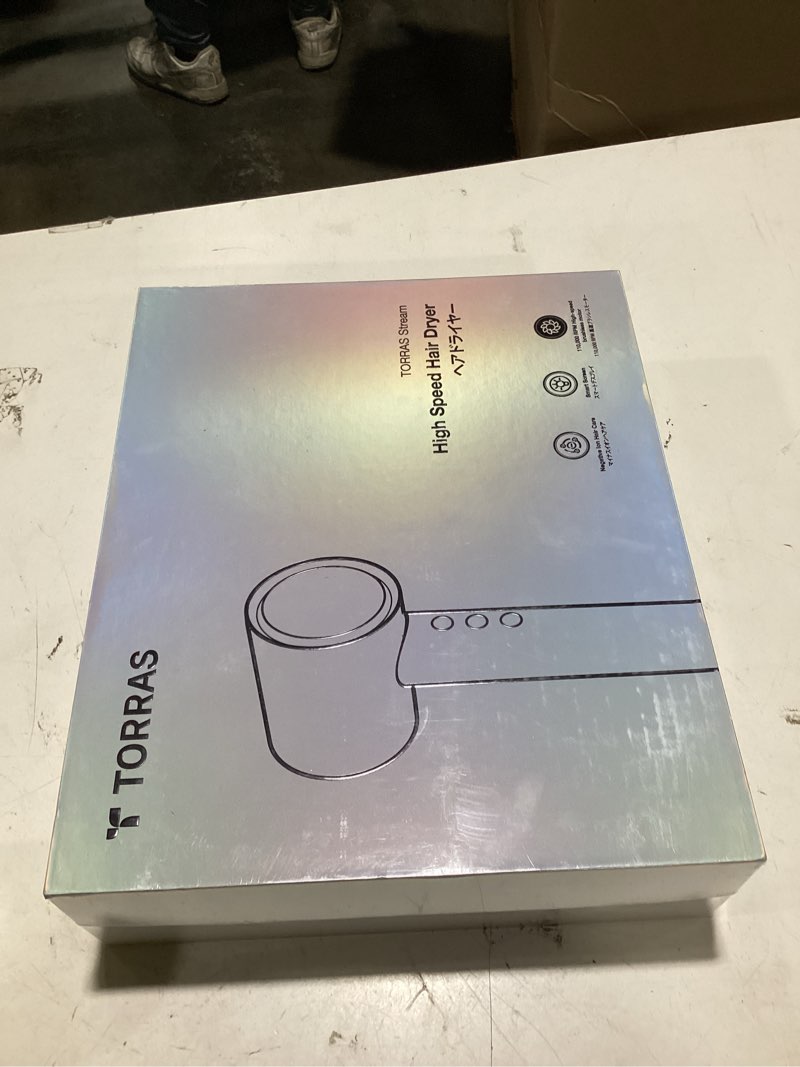 Condition photo showing New/Like New for torras stream hair dryer, space gray, high-speed 29.3m/s, 1600w, hair care mode, ionic care, 2 modes, 3 speeds, 3 heat levels, with diffusers, aerospace alluminum