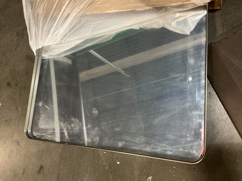 Condition photo showing Brand New for LOAAO 24X36 Inch Brushed Nickel Bathroom Mirror, Rounded Rectangle Silver Metal Frame Mirror, Brushed Nickel, Anti-Rust, Hangs Horizontally or Vertically Brushed Nickel 24"L x 36"W