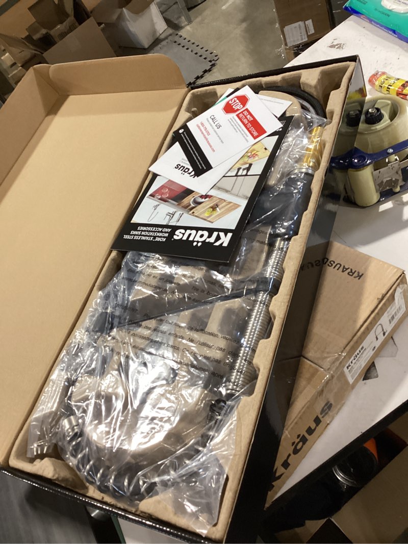 Condition photo showing As Is for KRAUS Bolden 18-Inch Single Handle Spot Free Stainless Steel/Matte Black Commercial Style Pull-Down Kitchen Faucet with Dual Function Sprayer, KPF-1610SFSMB (Pack of 1) Spot-Free Stainless Steel/Matte Black Commercial Style