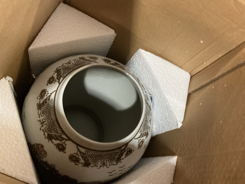 Condition photo showing New/Like New for galt international brown & white floral chinoiserie ceramic temple jar 18" w/lid - ginger jar home & kitchen decor for interior design - brown & white