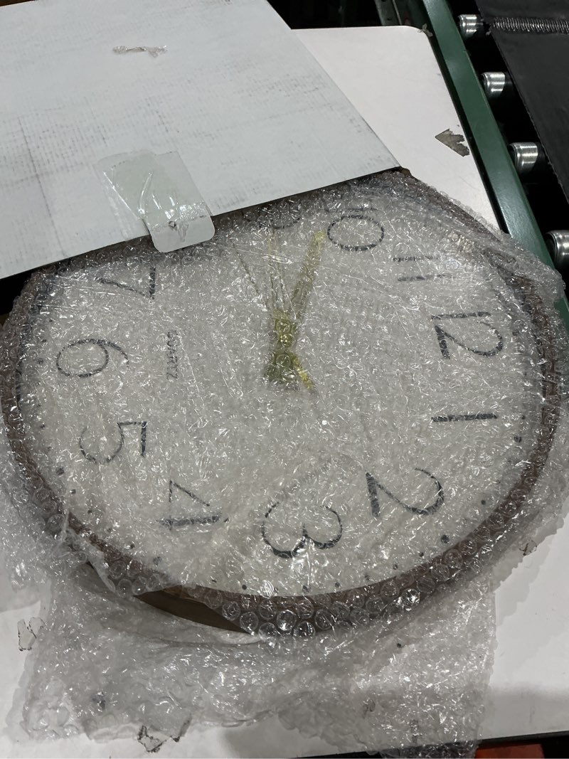 Condition photo showing As Is for vintage wall clock 16 inch quartz silent non-ticking analog clock battery operated rustic round decorative clock for living room kitchen home office classroom brown wood grain 16in